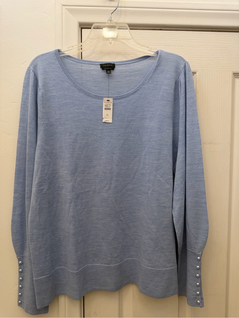 Talbots Light Blue Scoop Neck Sweater with Pearl Cuff Detail